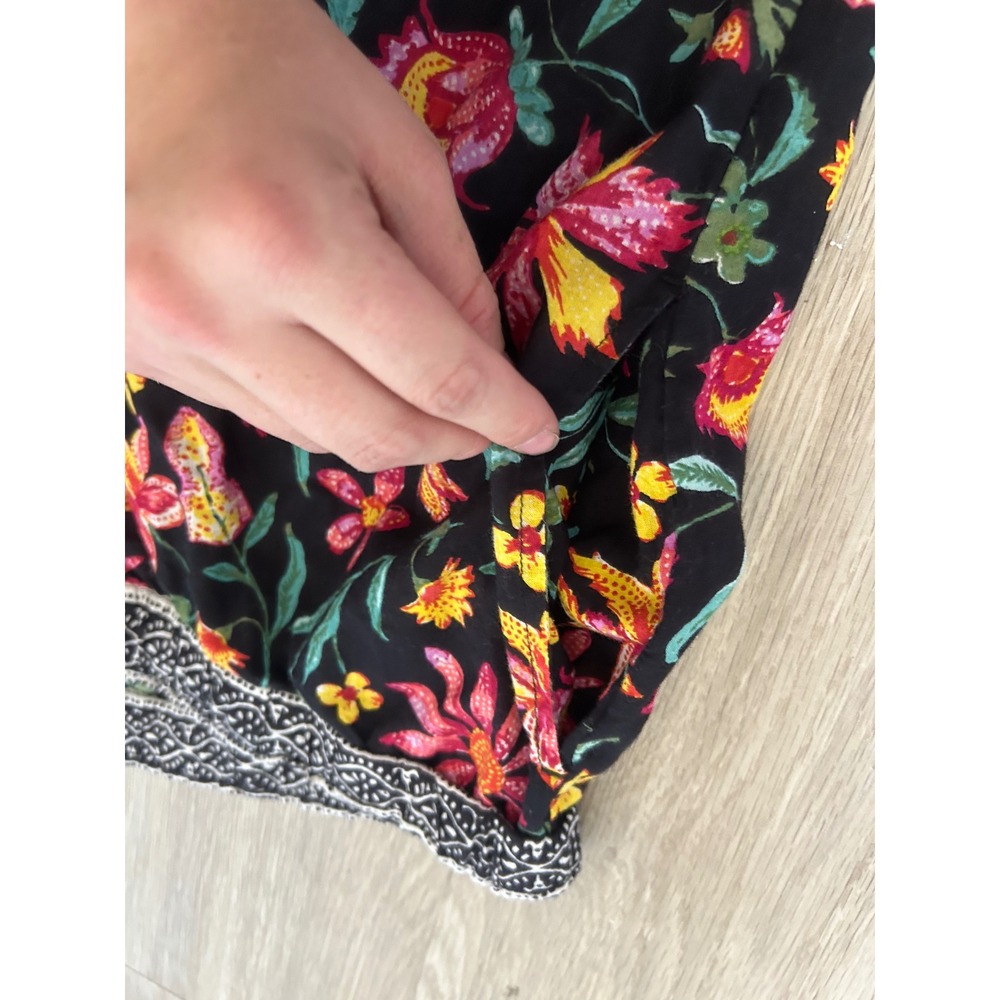 Sundance Womens Floral Cotton Crop Pants Black Pink Yellow‎ Boho Elastic Waist L - Picture 12 of 13